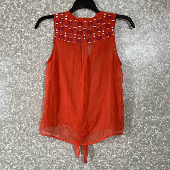 Lucky Brand Orange Sheer Embroidered Button Up Shirt - Size Small - Sleeveless - Picture 6 of 6